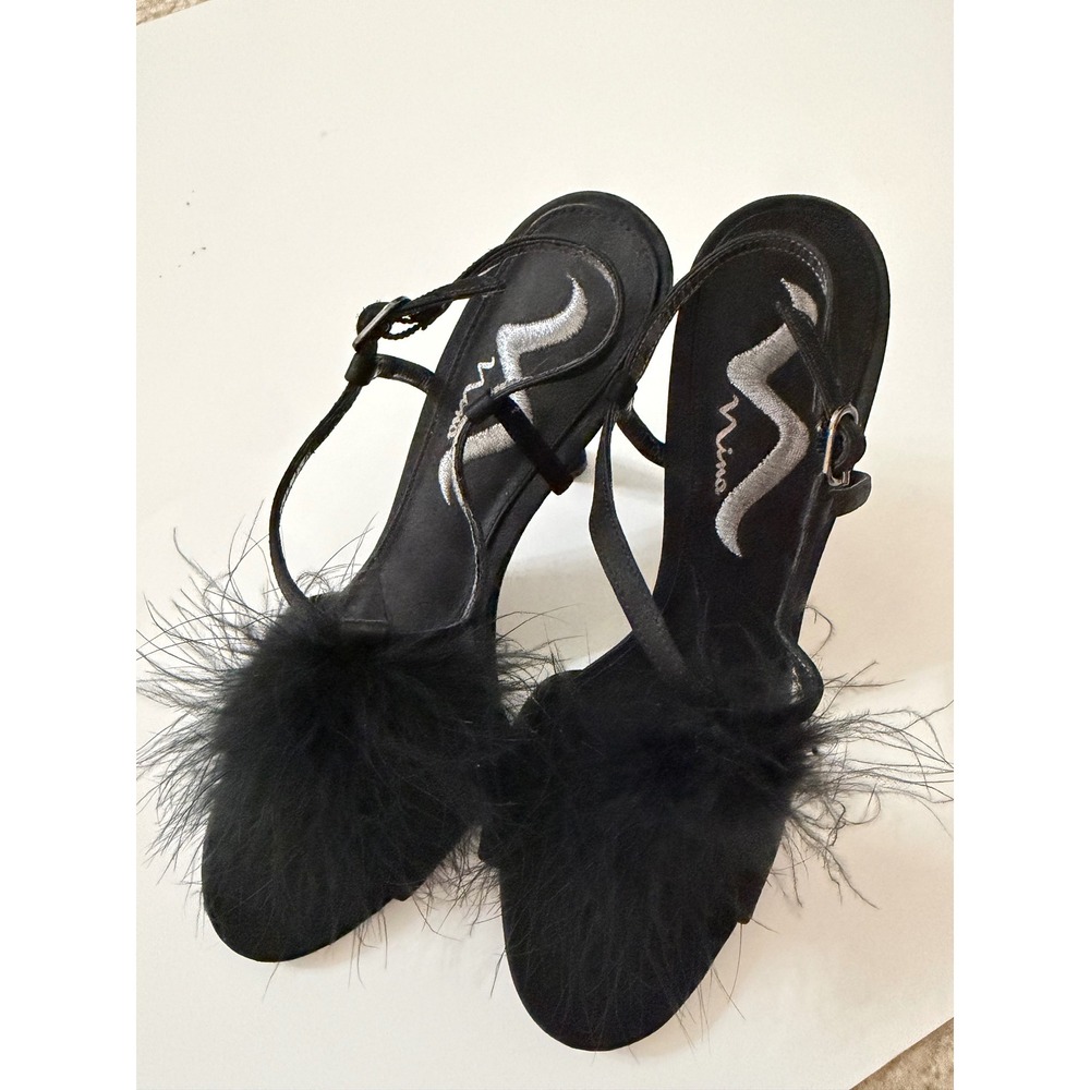 Nina Black Feather Stiletto Kitten Heels Ankle Strap Sandals 9.5M Flapper Glam